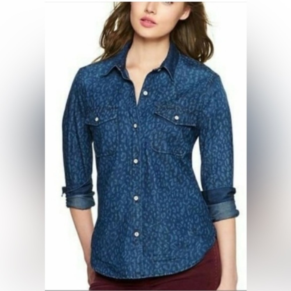 Gap 1969 Denim Western Style Faded Leopard Print Shirt - Size XS NWT